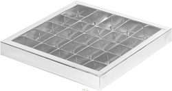 Коробка на 25 конфет 24,5 см*24,5 см*3 см с пластиковой крышкой серебро